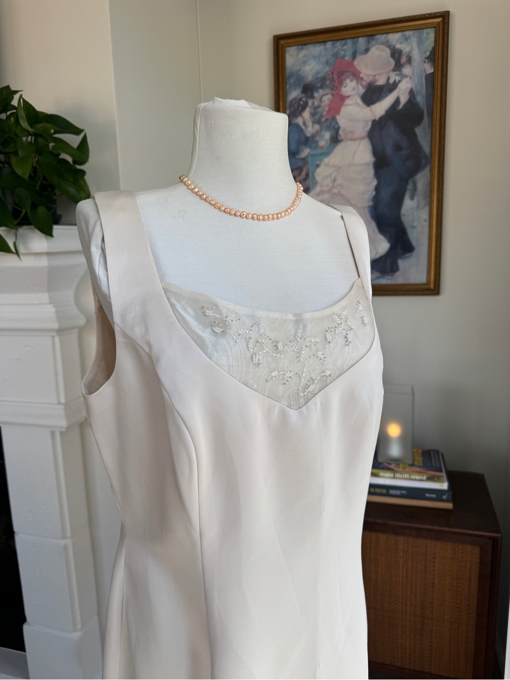 Vintage Cachet Beaded Ivory Satin Dress